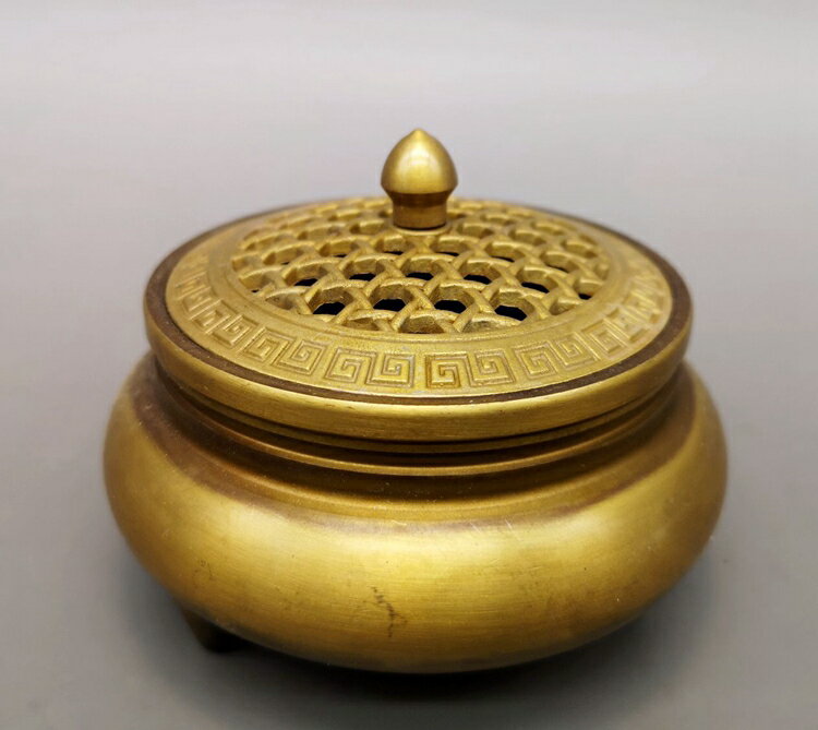 銅器收藏仿古黃銅風水擺件工藝禮品銅香爐熏爐網格香爐如意香爐