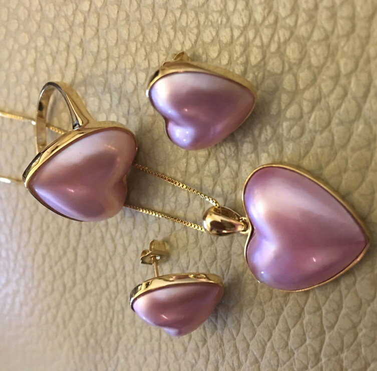 18K包邊馬貝珍珠吊墜馬貝珍珠耳釘馬貝珍珠戒指天然粉色心形 4