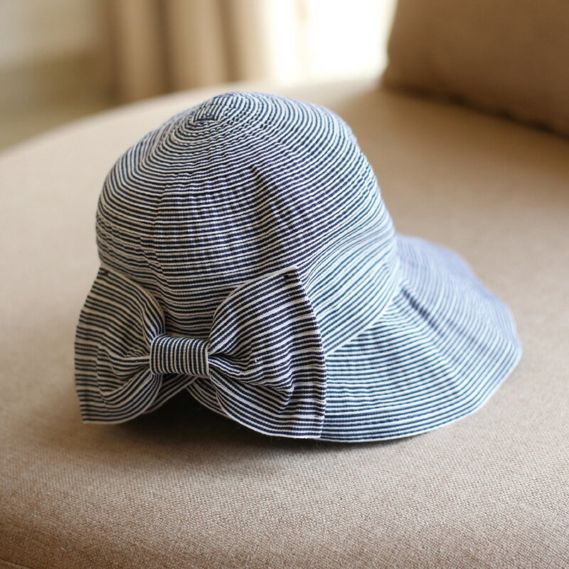 日系原宿風 可折疊出口品質條紋布帽可凹造型沙灘漁夫帽子女士潮1入