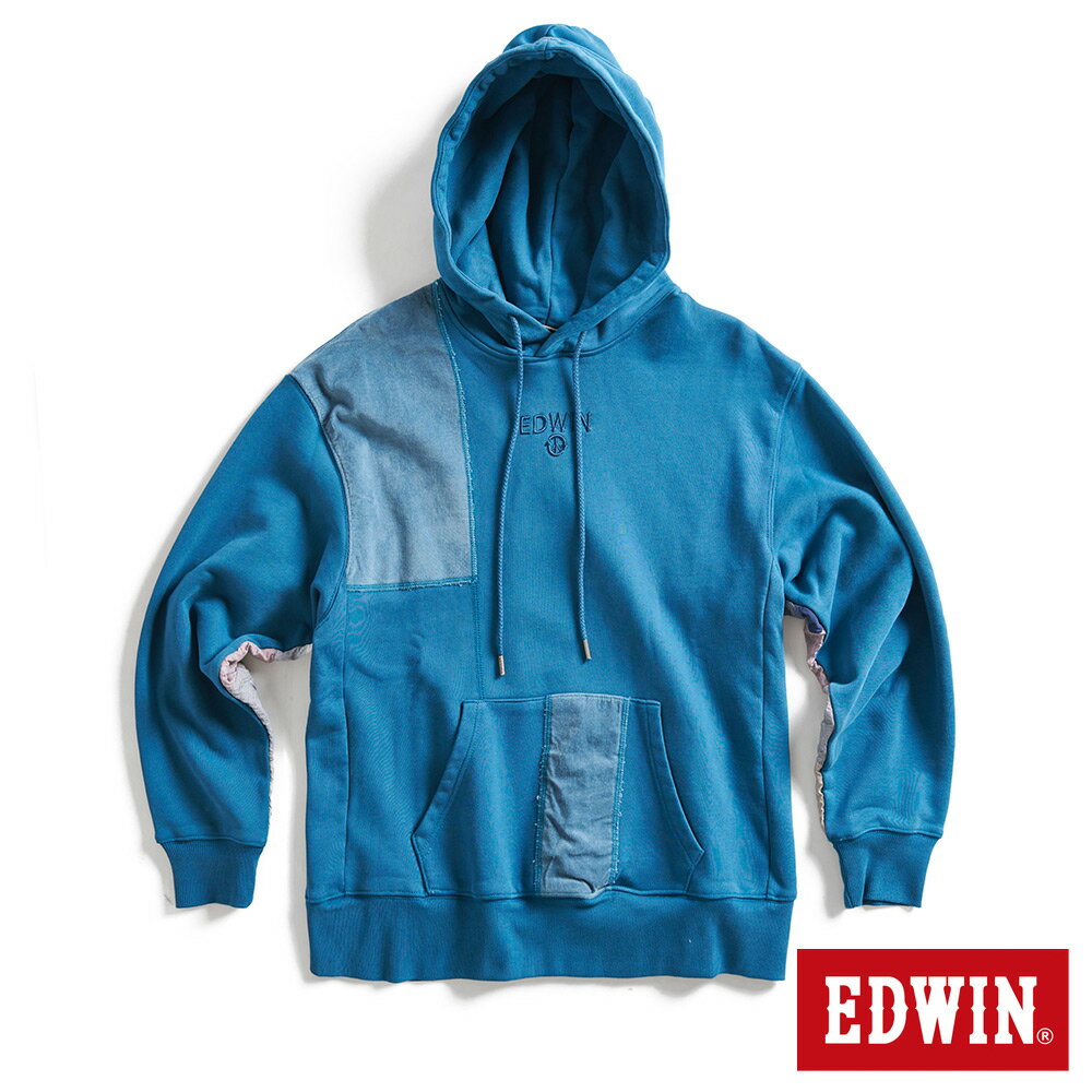 EDWIN 再生系列 CORE 拼布寬版連帽長袖T恤-男款 土耳其藍