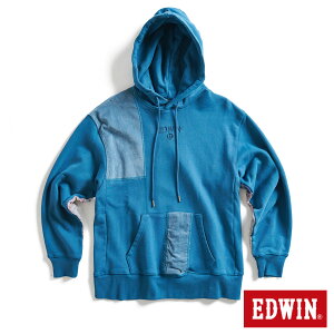 EDWIN 再生系列 CORE 拼布寬版連帽長袖T恤-男款 土耳其藍 #換季折扣