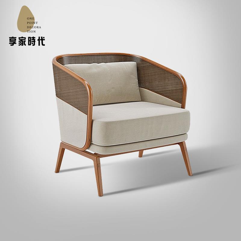 精工製作 實木單人椅子庭院家用客廳藤編沙發椅 美式咖啡廳酒店接待椅J1912