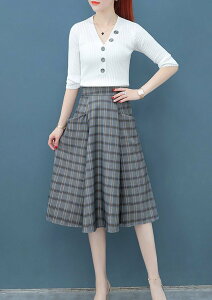 FINDSENSE品牌 秋季 新款 韓國 復古 氣質V領針織上衣+格子中長款高腰裙 兩件套 時尚 潮流套裝