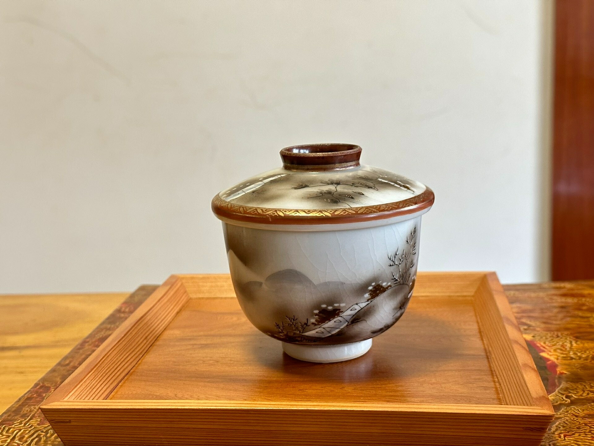 日本中古迴流大正時期老九谷手繪山水茶杯蓋杯