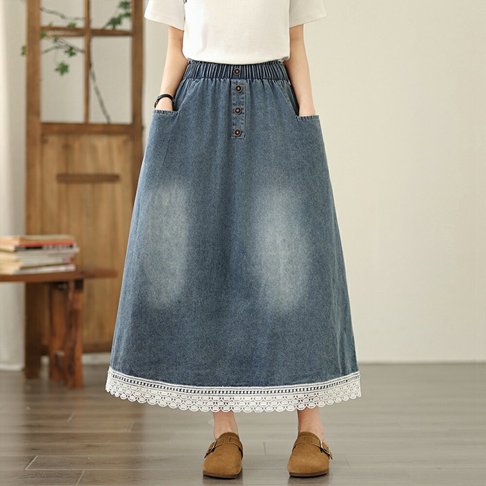 ＊ORead＊拼接蕾絲花邊牛仔半身裙(淺藍色M~2XL)【限定加碼✿全館滿額再折】