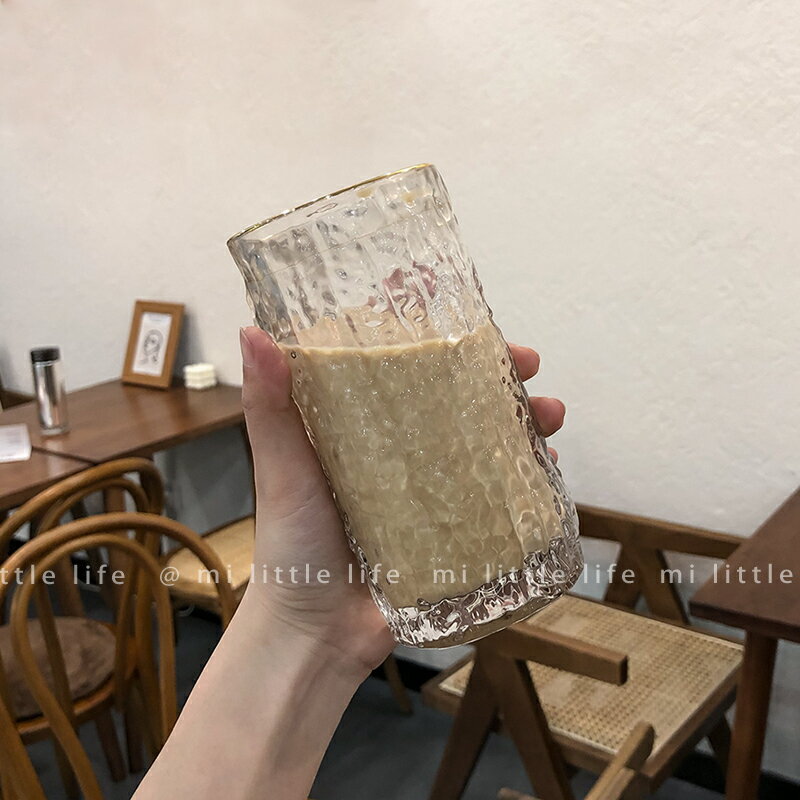 網紅ins風金邊透明水杯玻璃杯家用果汁飲料杯子早餐牛奶杯大容量