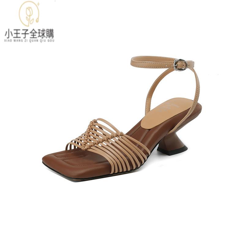 【公司現貨速發】免運 開發票 小短靴 堆堆靴 真皮女鞋 羊皮鞋 小皮鞋 樂福鞋618壓軸！復古手工編織涼鞋夏季異型跟方頭一字帶涼鞋保密發 定製