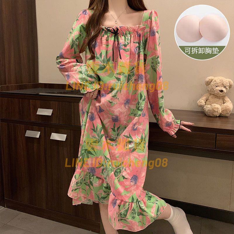 秋冬睡裙女 長袖泡泡皺IG純欲風中長款可外穿睡衣【雲木雜貨】