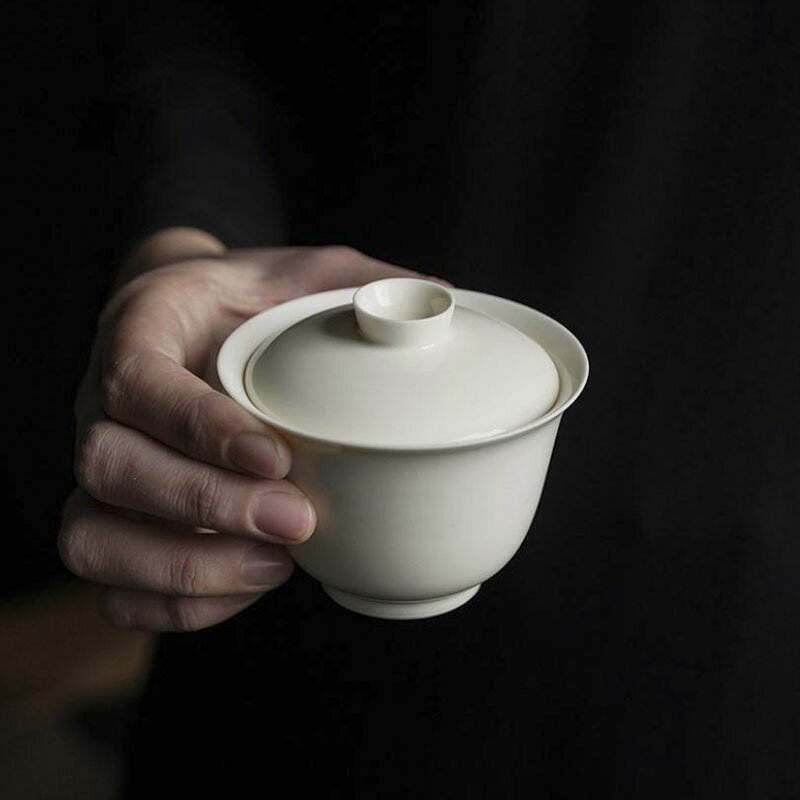【優選百貨】杏白釉蓋碗無托薄胎陶瓷功夫茶具單個茶碗工夫茶碗白瓷茶杯泡茶碗