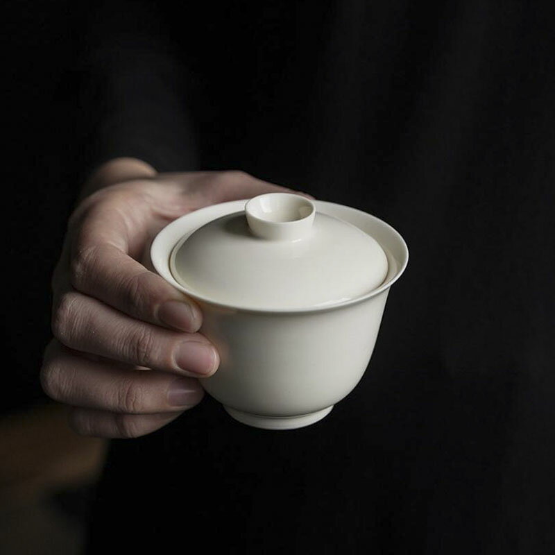 【優選百貨】杏白釉蓋碗無託薄胎陶瓷功夫茶具單個茶碗工夫茶碗白瓷茶杯泡茶碗