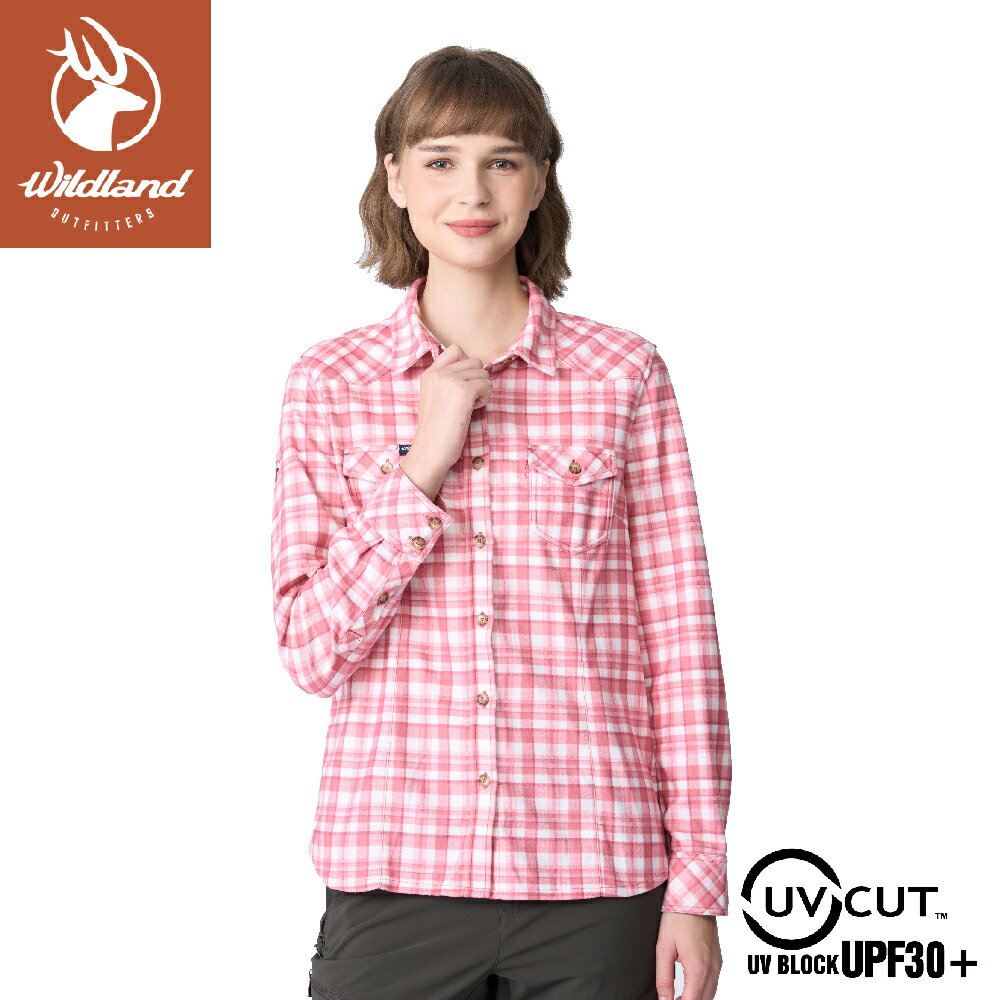 【Wildland 荒野 女 彈性格紋內刷毛保暖襯衫《乾燥玫瑰》】0B12201/戶外休閒雙口袋長袖襯衫