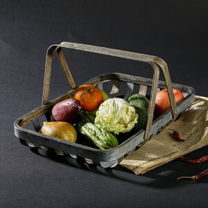 復古竹編提籃 美式鍍鋅鐵藝收納筐 鏤空水果蔬菜籃雜物筐