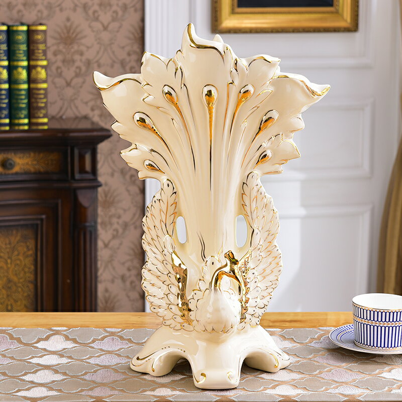 高檔歐式陶瓷花瓶擺件鎏金孔雀開屏花插創意家居飾品擺設客廳臺面