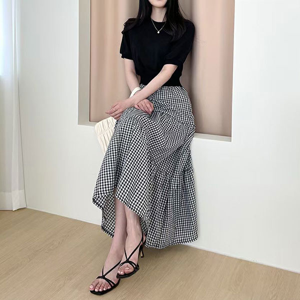 ANNAS 正韓 洋裝 縮腰 拼接 格子 長洋裝 長裙 長洋 蛋糕裙 多層次 格紋 短袖 棉質 韓國 3