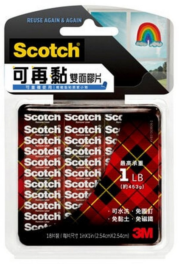 【文具通】3M Scotch 可再黏 雙面 膠片 R100S 1 in x 1 in 18片裝 E1030565