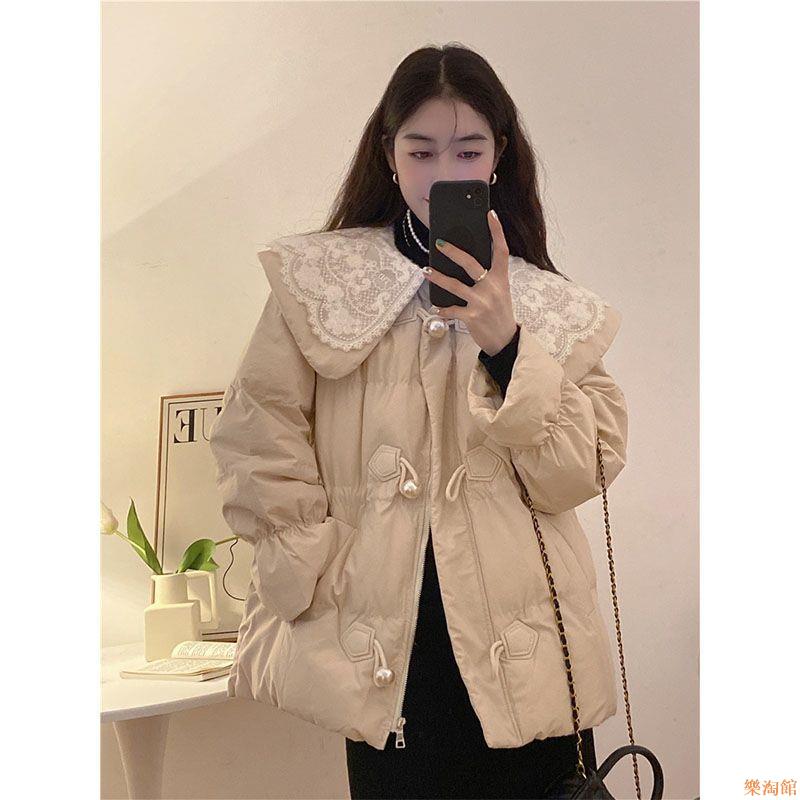 蕾絲娃娃領設計感棉服外套女裝冬季2023新款甜美減齡寬松長袖棉衣