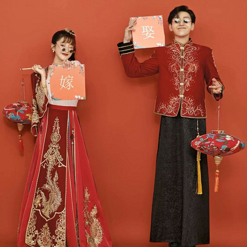 新中式婚紗攝影道具手拿板嫁娶古裝秀禾拍照紅色手持牌復古中國風