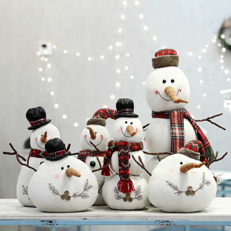 圣誕節裝飾毛絨娃娃白色雪人小胖子雪人商場櫥窗擺件公仔帶帽圍巾