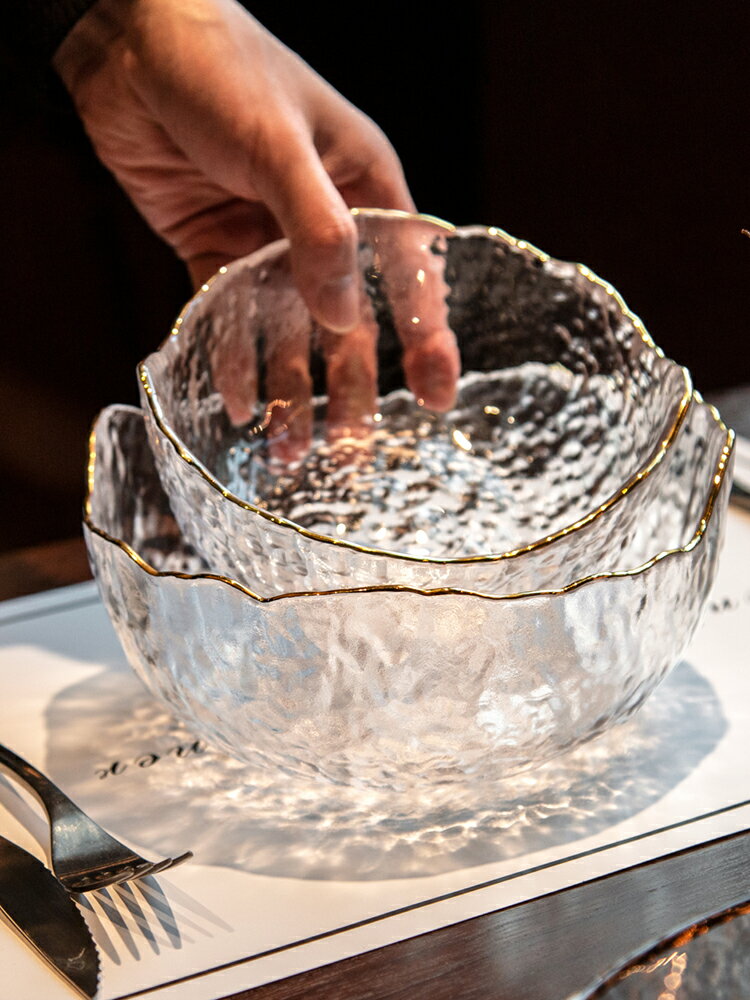 日式金邊玻璃碗沙拉碗碗盤套裝家用湯碗飯碗面碗創意甜品碗碟餐具