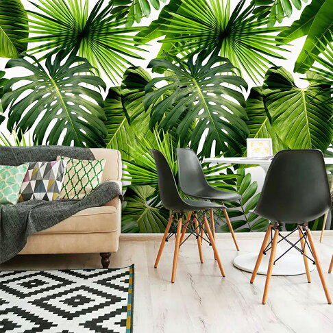 客廳電視背景墻裝飾壁紙北歐墻紙墻布熱帶雨林植物壁畫3d立體壁布 0