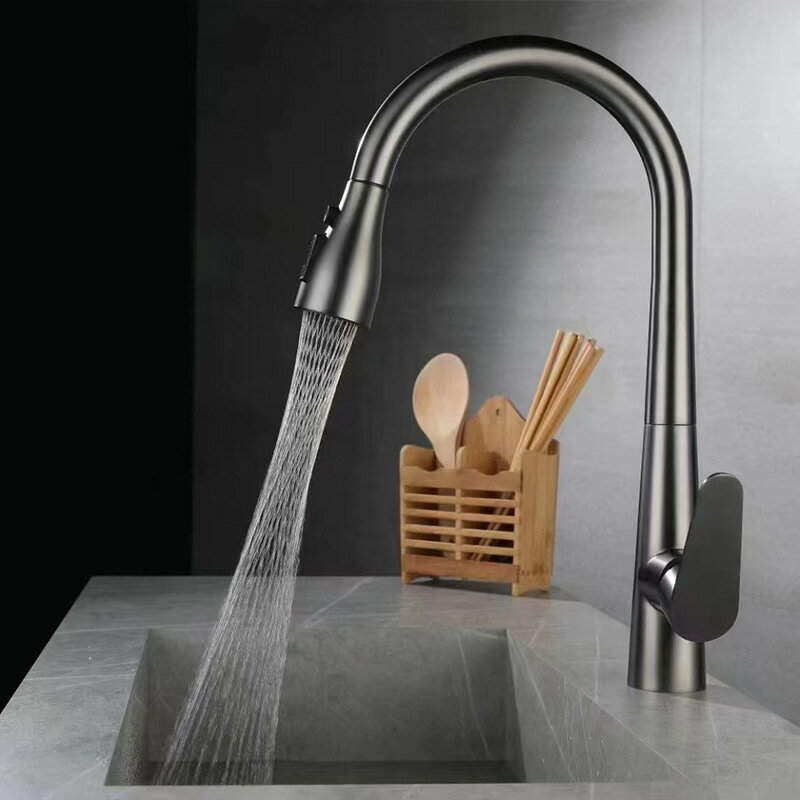 廚房抽拉式水龍頭冷熱家用水槽洗碗池菜盆可伸縮防濺黃銅