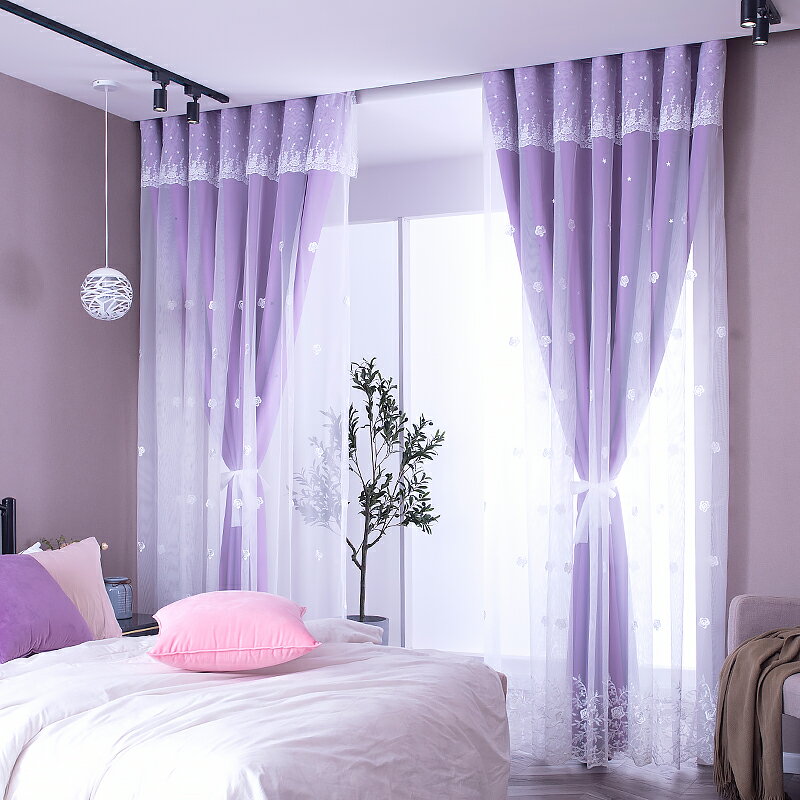 韓式窗簾雙層蕾絲遮光鏤空網紅臥室客廳飄窗定制窗簾公主風成品