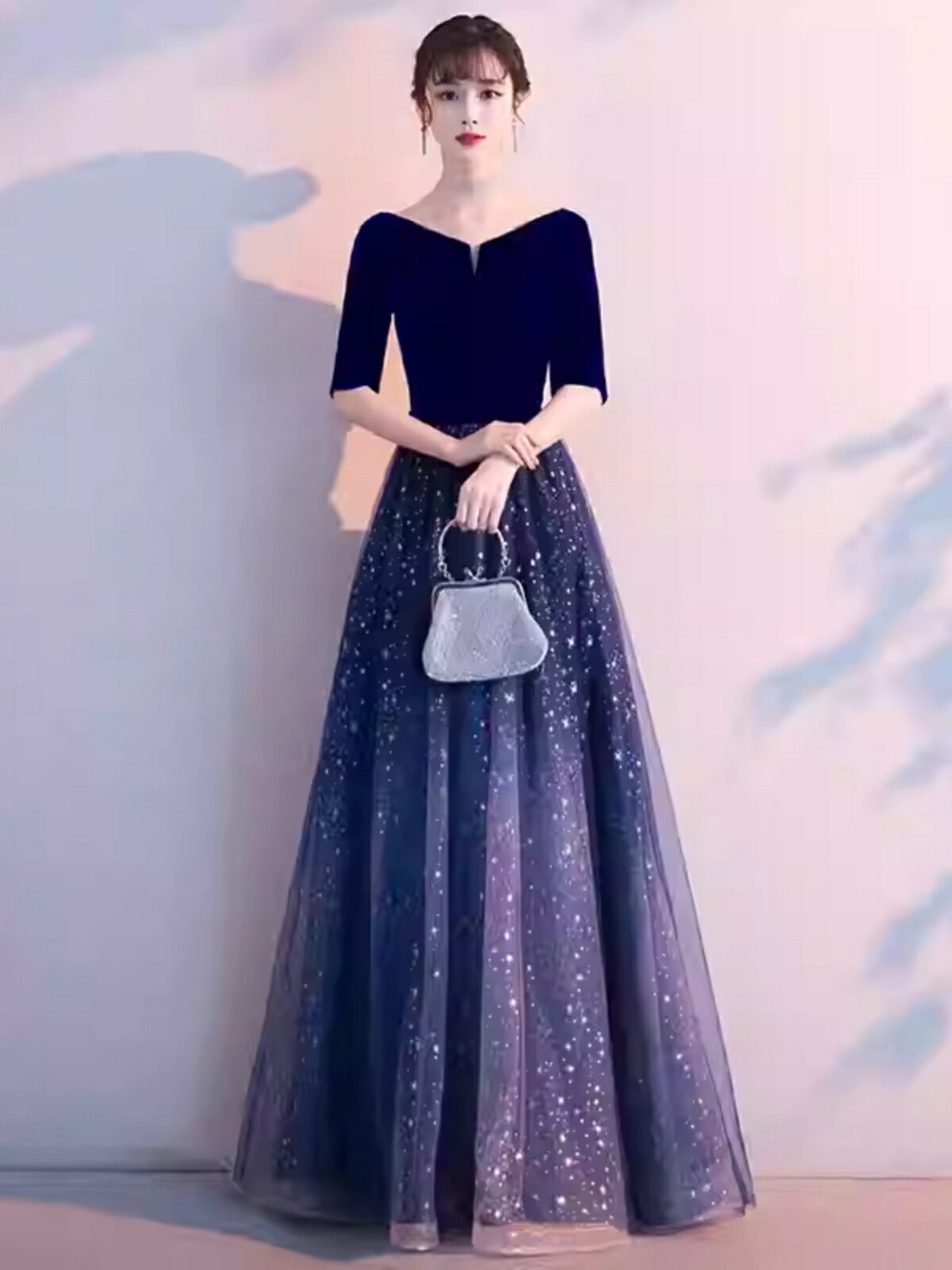 晚禮服連身裙 高階感晚禮服女2024新款宴會氣質星空合唱演出服女長裙長款主持人