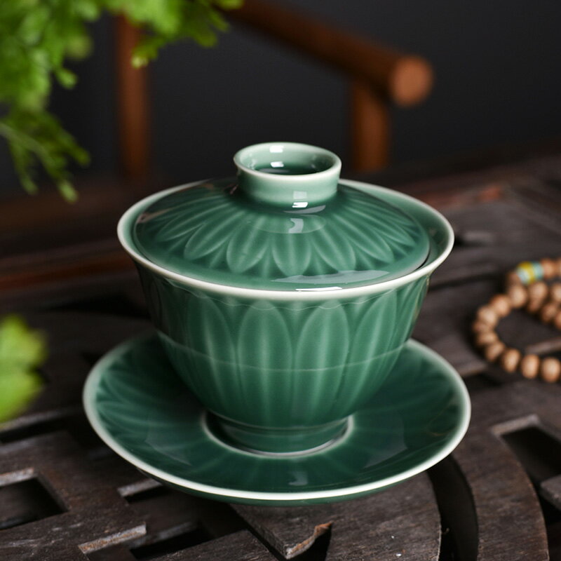 青瓷三才蓋碗帶蓋泡茶杯單個茶碗景德鎮茶具大號龍泉功夫陶瓷扣碗