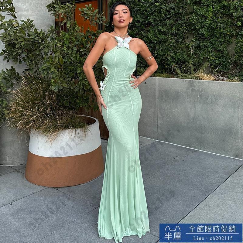 尾牙禮服 洋裝 法式性感立體蝴蝶裝飾掛脖連衣裙女秋晚會禮服鏤空花邊收腰拖地裙交換禮物 三木優選