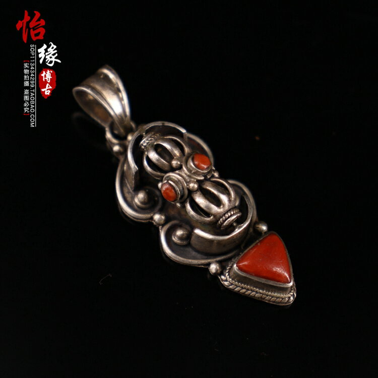 古董新款古玩 尼泊爾手工鑲嵌紅色胡時來運轉吊墜 藏族老物件收藏