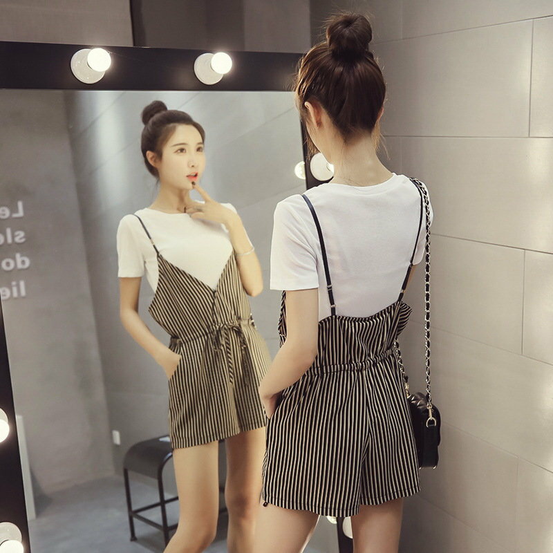 FINDSENSE G5 韓國時尚 短袖 純色 T恤 短褲 兩件套 條紋 吊帶 連身短褲 學院套裝