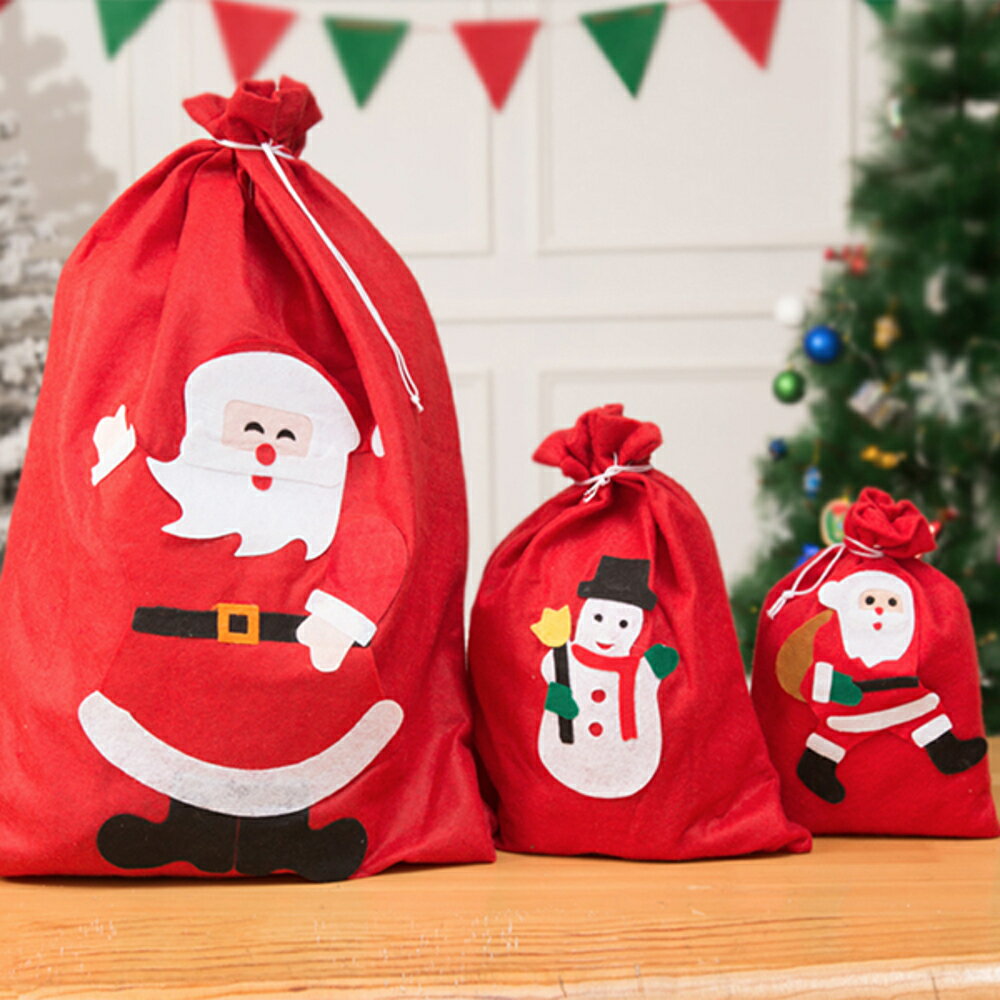 聖誕老公公發禮物紅色裝飾束口袋 禮物袋 (小號)【BlueCat】【RXM0109】