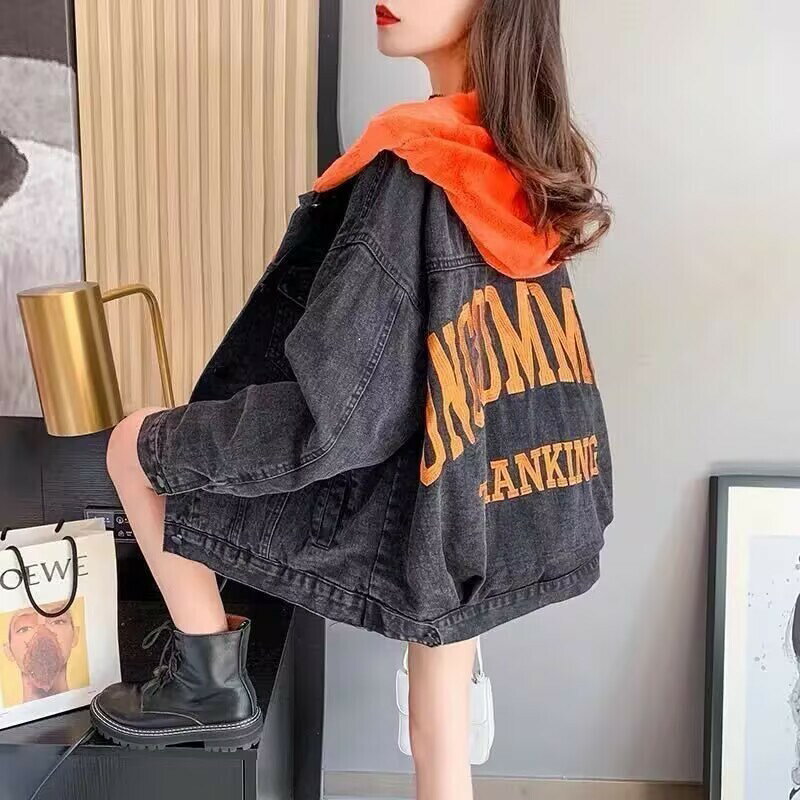 FUXI 加絨加厚牛仔外套女 連帽外套 韓版寬鬆保暖棉服外套 長袖外套 鋪棉外套 女裝 衣服 棉衣 刷毛外套