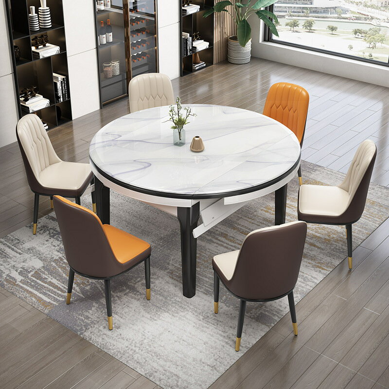 實木亮光巖板餐桌椅組合現代簡約伸縮長方形家用小戶型可變圓桌子