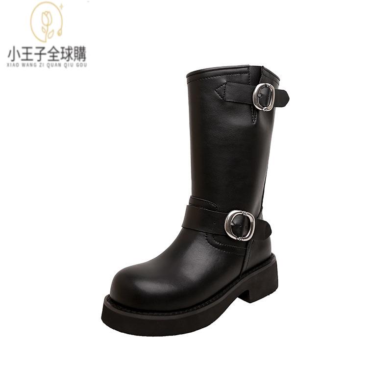 【公司現貨速發】免運 開發票 小短靴 堆堆靴 真皮女鞋 羊皮鞋 小皮鞋 樂福鞋新款厚底中筒短靴女擦色復古堆堆靴皮帶扣機車靴馬丁靴女 定製