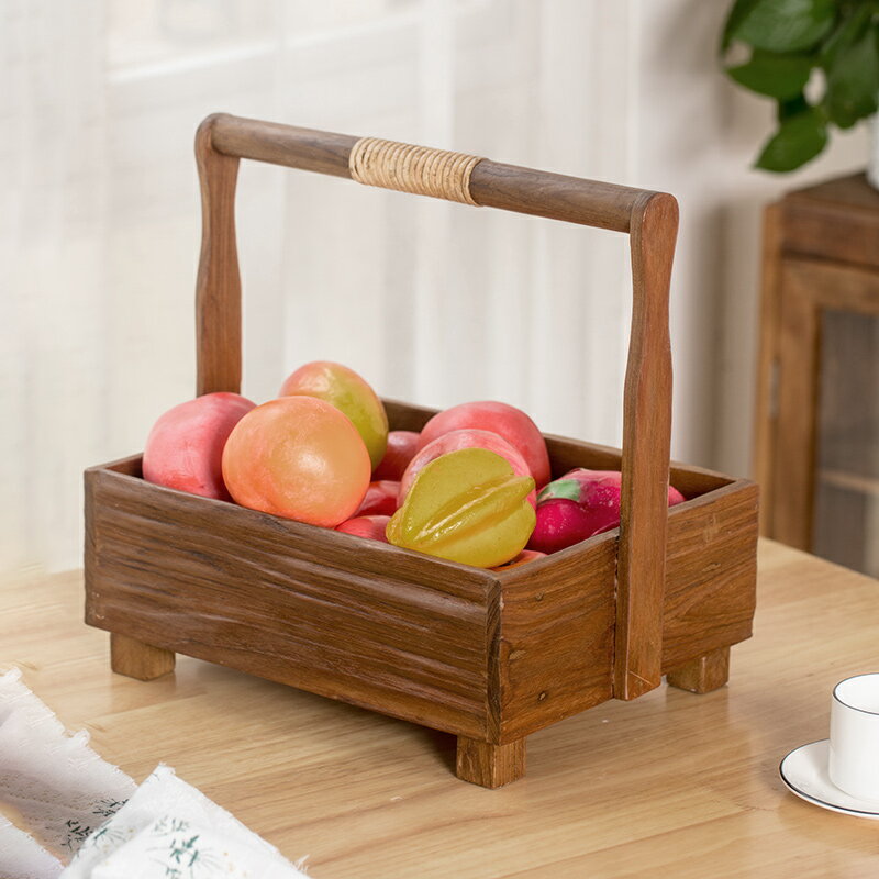 異麗 泰國實木裝飾收納籃 餐廳廚房浴室桌面置物手提水果收納筐