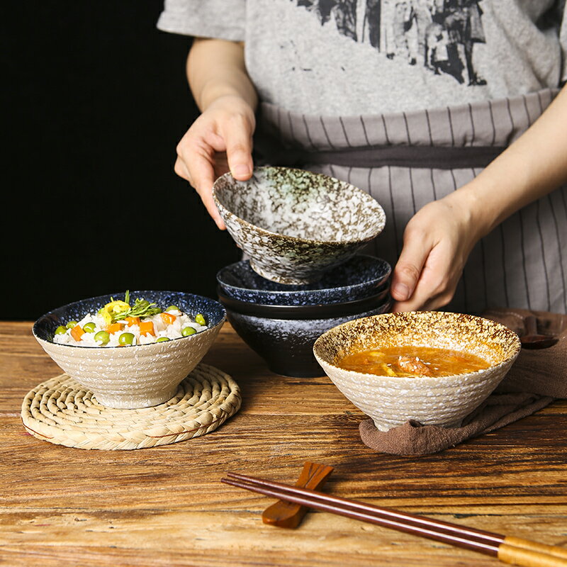 日式火鍋餐具小斗笠碗餛鈍扣肉丼飯碗高腳鹵肉米飯碗粗陶仿古老式