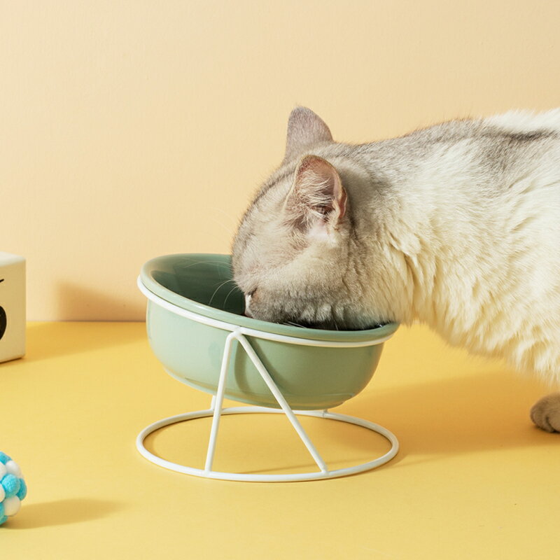 貓碗陶瓷雙碗保護頸椎可愛斜口防打翻貓食盆貓糧碗水碗架子狗狗碗