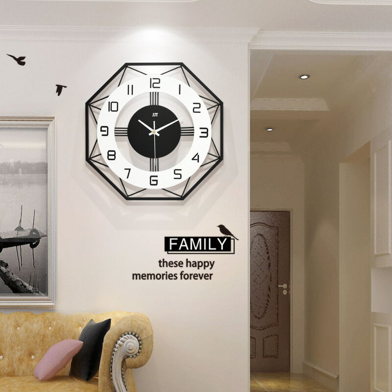 現代簡約鐘表家用創意掛鐘客廳時尚八邊形時鐘掛墻靜音