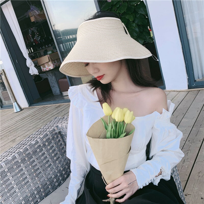 拉菲草空頂帽網紅同款草帽女夏出遊百搭沙灘帽無頂大簷遮陽太陽帽