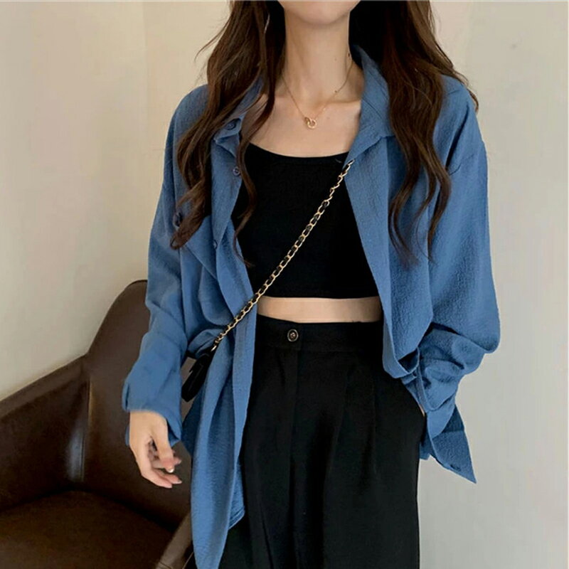 藍色防曬襯衫外套女夏薄款設計感小眾寬松上衣襯衣春裝2022年新款