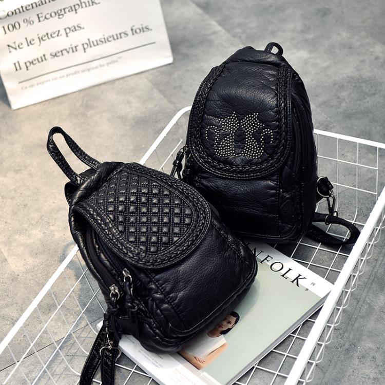 2024新款ins超火水洗皮刺繡迷你雙肩包女休閒小揹包女士胸包軟皮 雙11全館免運