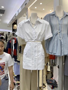 韓國夏裝短款襯衫+高腰a字短裙休閒工裝兩件套裝女