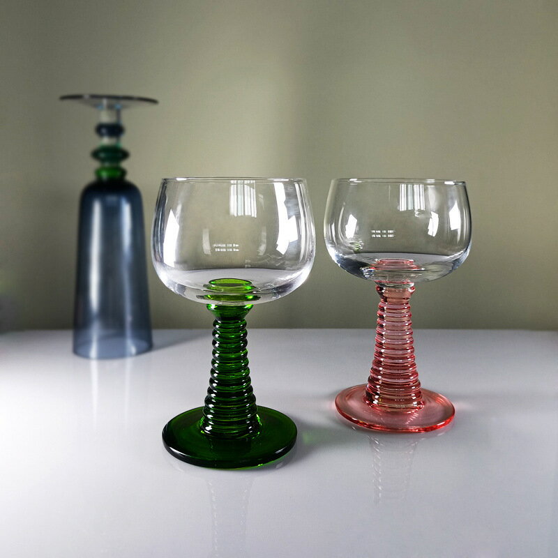 中古vintage法式復古風螺絲桿彩色玻璃高腳杯綠粉色香檳杯甜酒杯