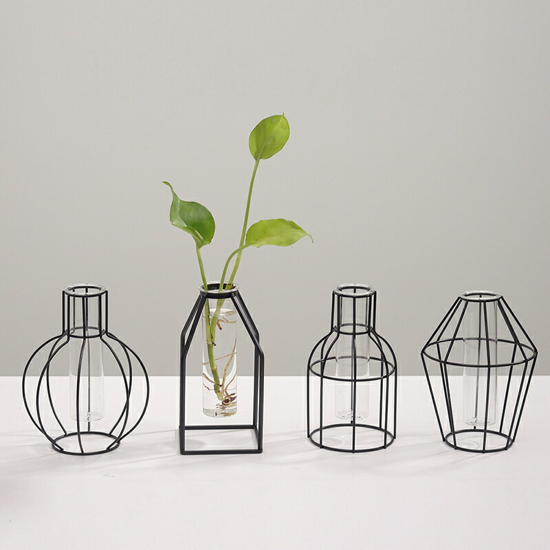 北歐風簡約幾何鐵藝透明玻璃水培花瓶擺件客廳干花插花家居裝飾品