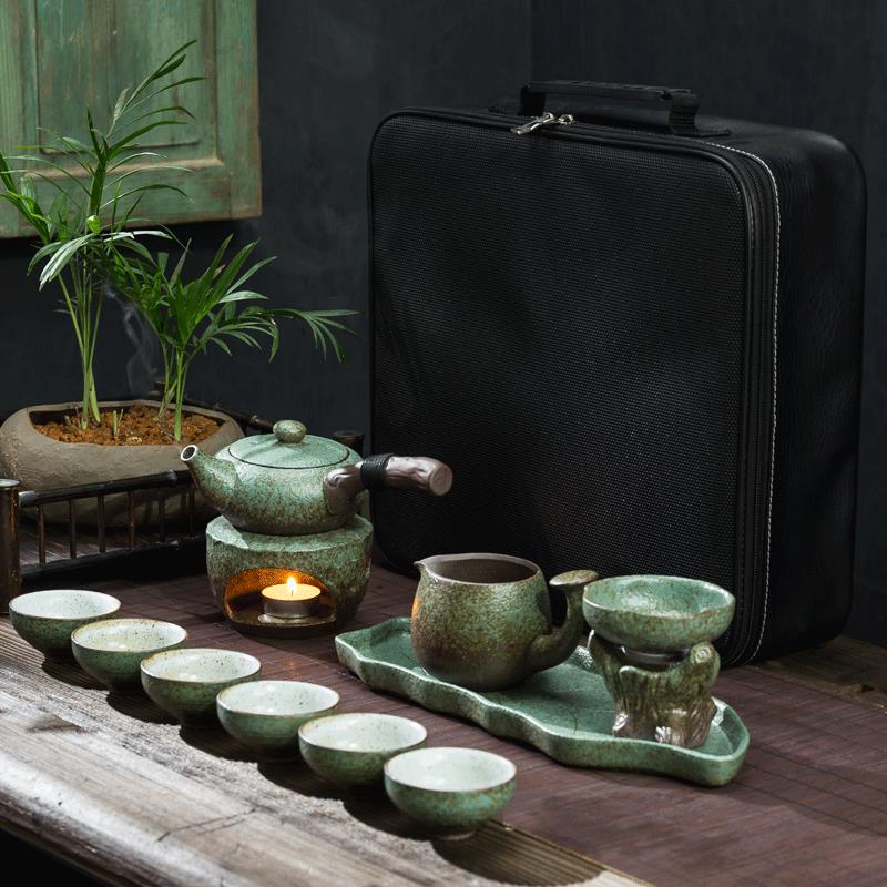 日式功夫茶具套裝家用簡約陶瓷蠟燭溫茶壺茶杯粗陶旅行包干泡茶盤