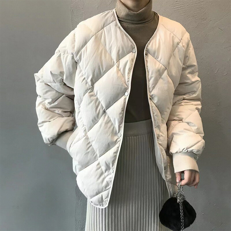 羽絨棉外套夾棉夾克-短款港風菱形格輕薄寬鬆女外套2色m1ae2【獨家進口】【米蘭精品】