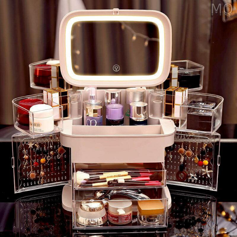 全新 化妝品收納盒防塵桌面梳妝臺有蓋帶鏡子護膚品口紅置物架