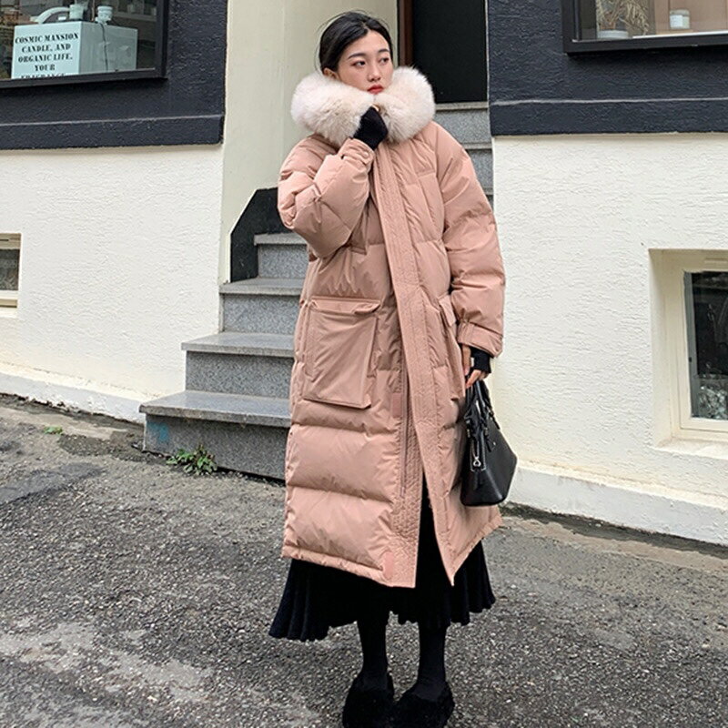 真 羽絨90%白鴨絨 羽絨服白鴨絨夾克-大毛領連帽寬鬆長版女外套4色73zc31【獨家進口】【米蘭精品】
