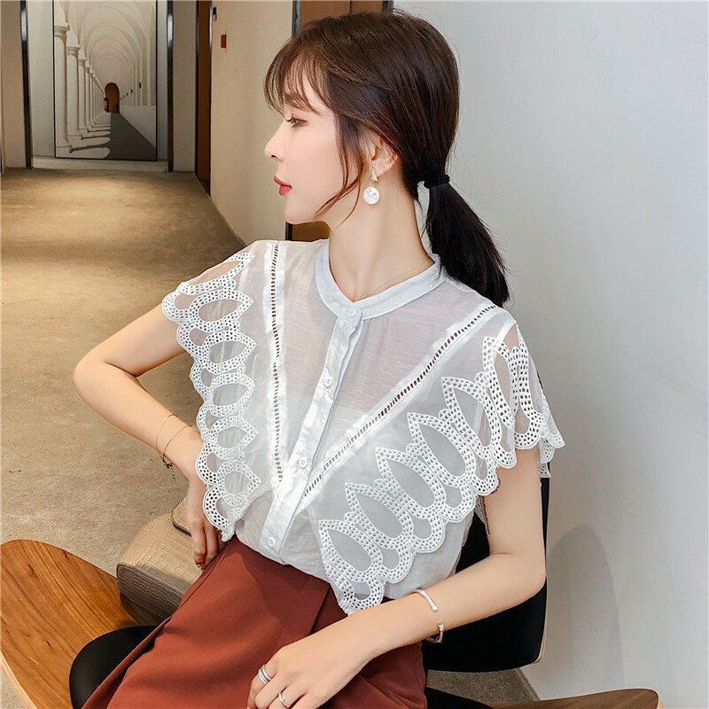夏季上衣服年新款女裝氣質短袖t恤女雪紡襯衫時尚洋氣小衫潮 1